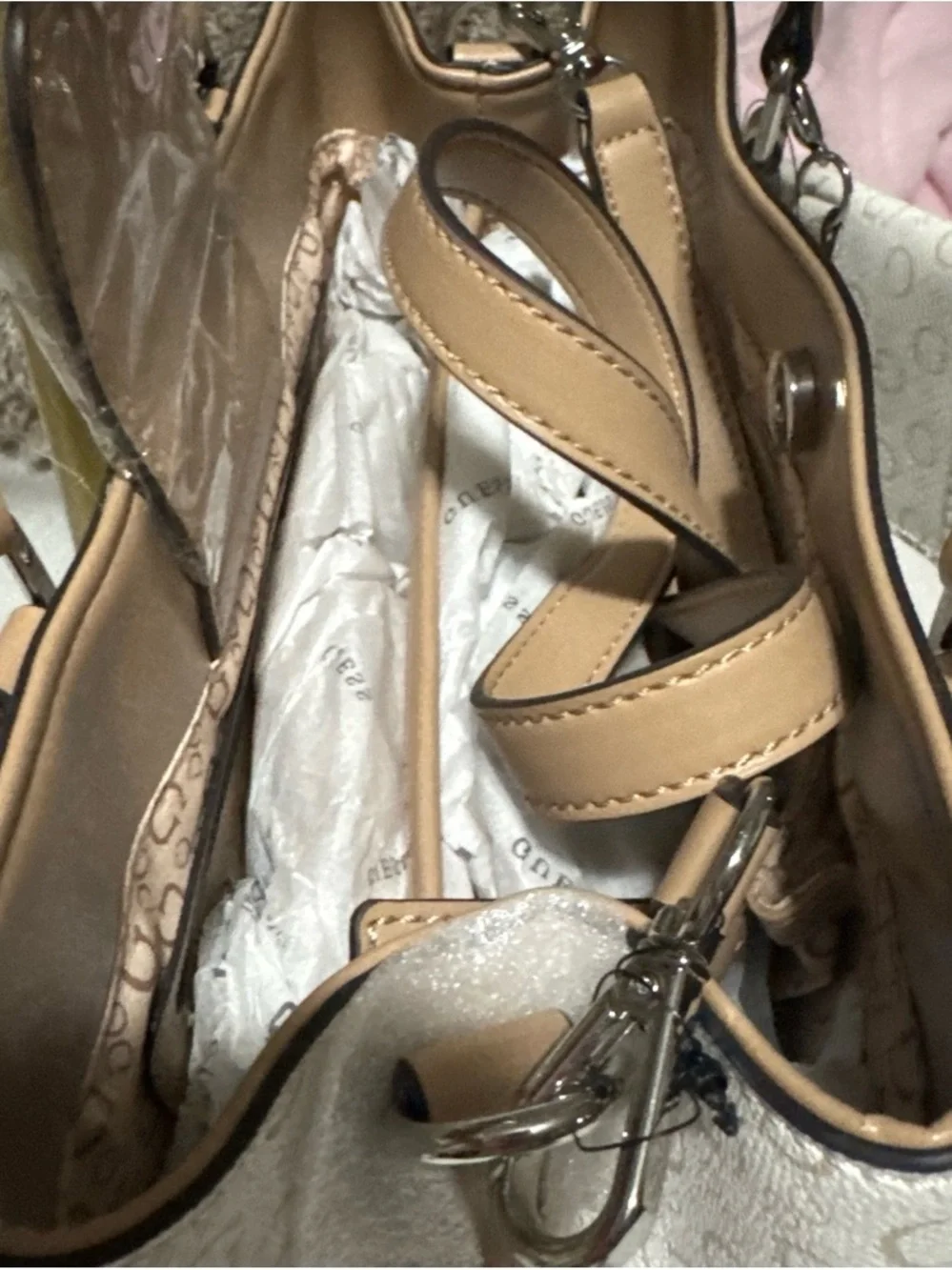 GUESS Cream Tote with Tan Straps and Logo Wallet